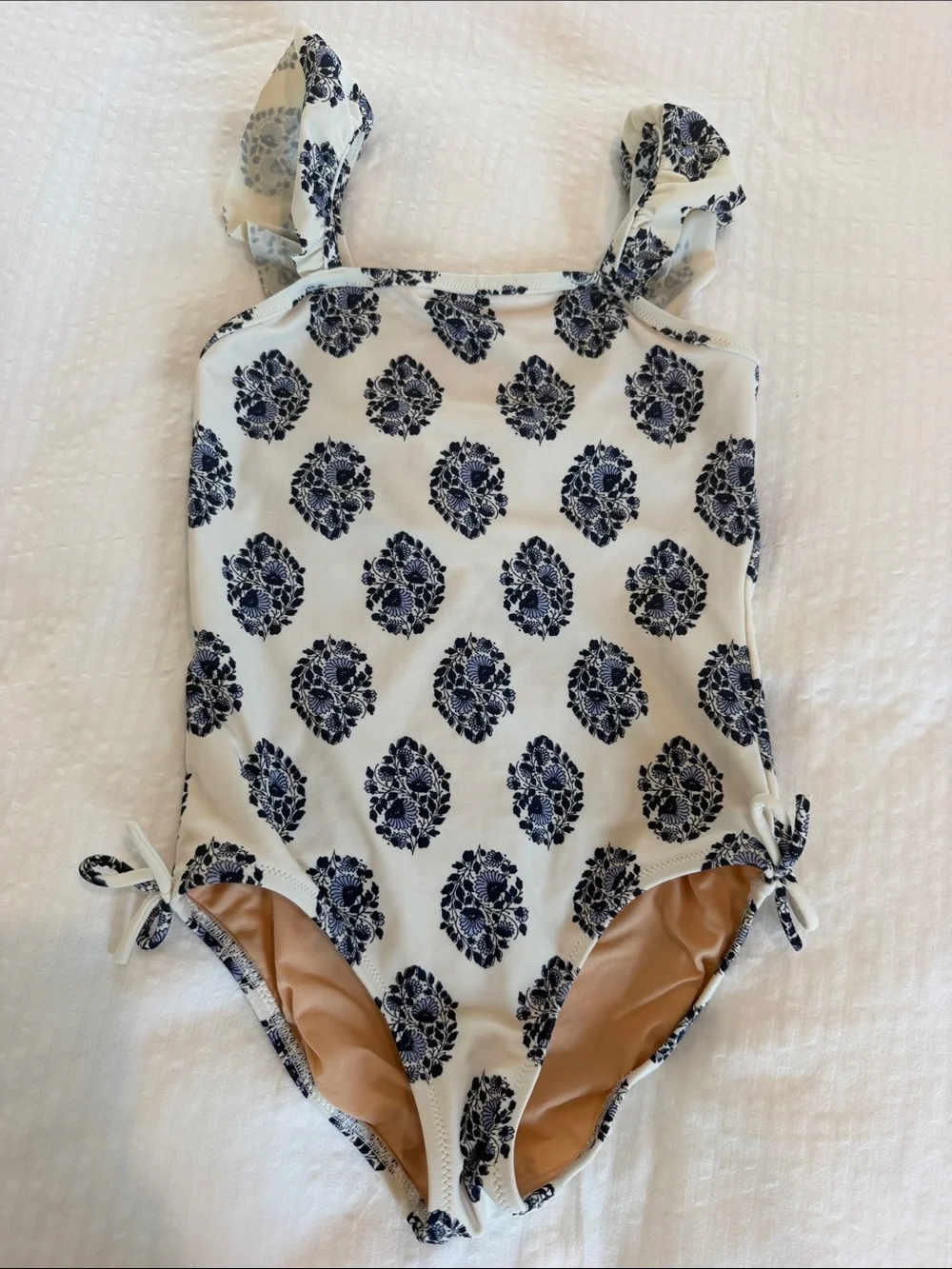 Crewcuts Cream One-Piece Swimsuit with Navy Floral Medallions and Ruffled Straps